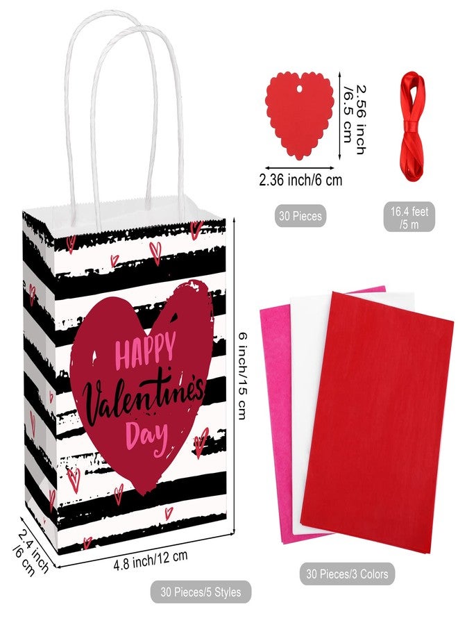 Cooraby 30 Pieces Valentines Day Mini Kraft Gift Bags With Handles, Tissue Paper and Tags - Assorted Styles Party Bags for Presents, 4.8 x 2.4 x 6 Inches - Image 2